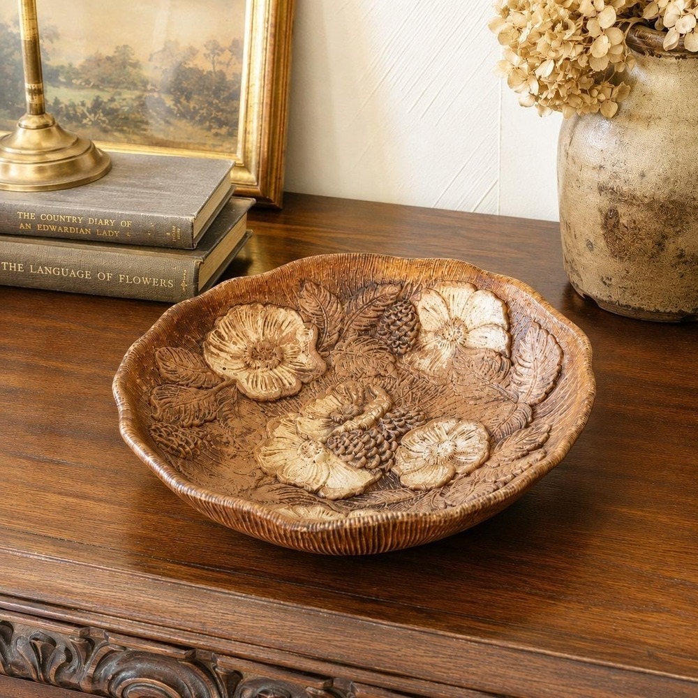 Vintage Faux Wood Bowl - Multi Products‎ Inc Wild Rose Pinecone Dish 8 In